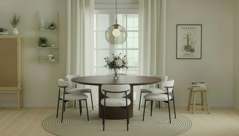 Kopparbo Runt Matbord 180 cm med 6 Lucy Matstolar - Valnöt / Vit Bouclé / Metallben Svart - Möbler - Bord & matgrupper - Matgrupper