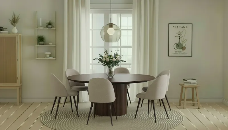 Kopparbo Runt Matbord 180 cm med 6 Nibe Plus Matstolar - Valnöt / Greige Bouclé / Metallben Valnöt - Möbler - Bord & matgrupper - Matgrupper