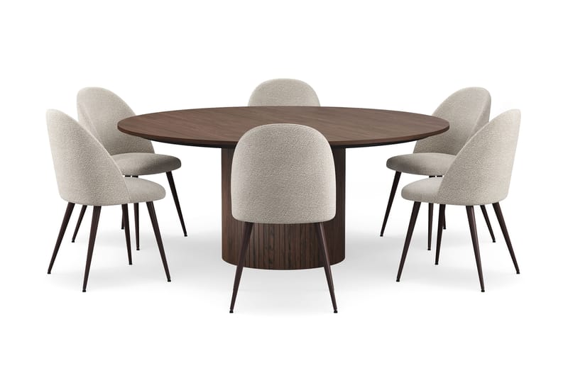 Kopparbo Runt Matbord 180 cm med 6 Nibe Plus Matstolar - Valnöt / Greige Bouclé / Metallben Valnöt - Möbler - Bord & matgrupper - Matgrupper