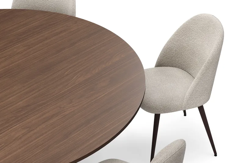 Kopparbo Runt Matbord 180 cm med 6 Nibe Plus Matstolar - Valnöt / Greige Bouclé / Metallben Valnöt - Möbler - Bord & matgrupper - Matgrupper