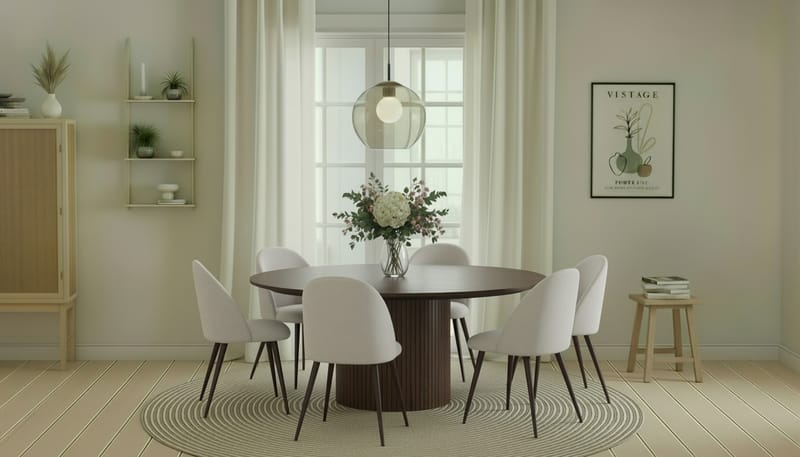 Kopparbo Runt Matbord 180 cm med 6 Nibe Plus Matstolar - Valnöt / Vit Bouclé / Metallben Valnöt - Möbler - Bord & matgrupper - Matgrupper