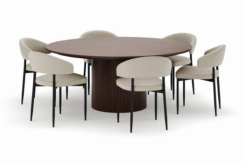 Kopparbo Runt Matbord 180 cm med 6 Sawako Stolar, Valnöt