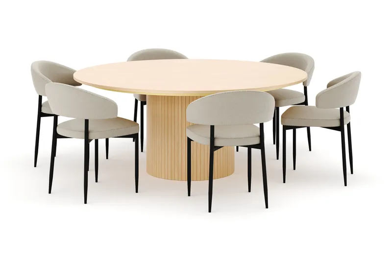 Kopparbo Runt Matbord 180 cm med 6 Sawako Stolar, Whitewash