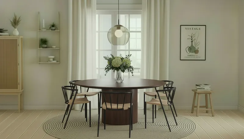 Kopparbo Runt Matbord 180 cm med 6 Winston Matstolar - Valnöt / Beige / Metallben Svart - Möbler - Bord & matgrupper - Matgrupper