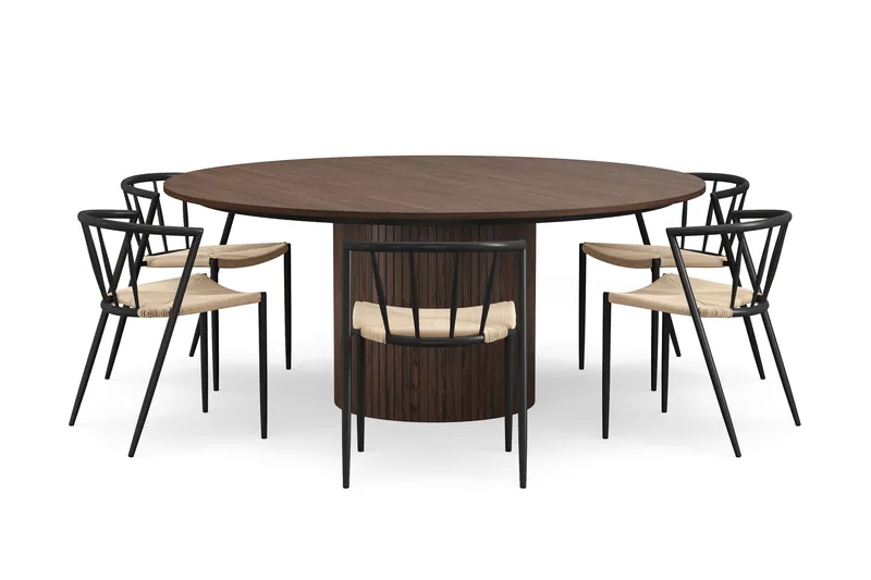 Kopparbo Runt Matbord 180 cm med 6 Winston Matstolar - Valnöt / Beige / Metallben Svart - Möbler - Bord & matgrupper - Matgrupper