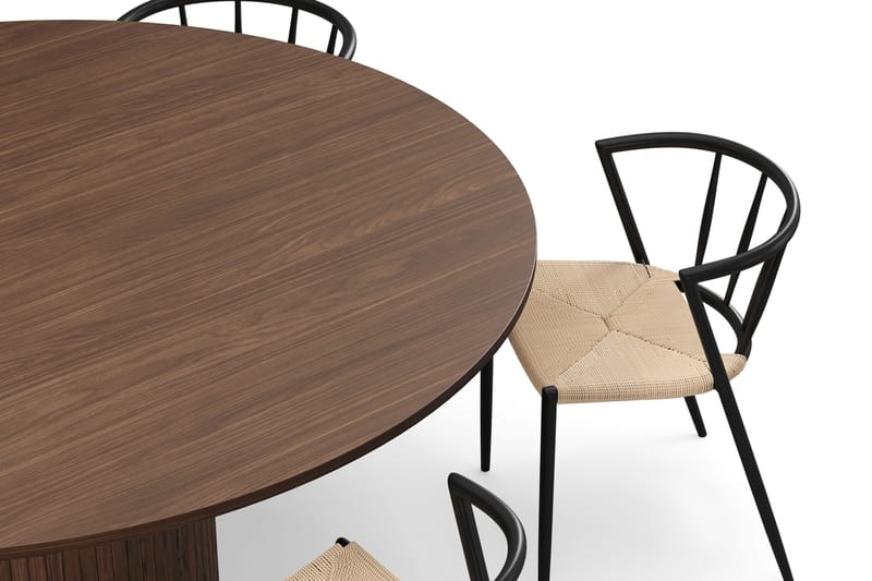 Kopparbo Runt Matbord 180 cm med 6 Winston Matstolar - Valnöt / Beige / Metallben Svart - Möbler - Bord & matgrupper - Matgrupper
