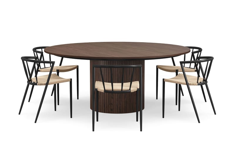 Kopparbo Runt Matbord 180 cm med 6 Winston Matstolar - Valnöt / Beige / Metallben Svart - Möbler - Bord & matgrupper - Matgrupper