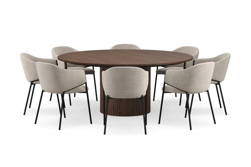Kopparbo Runt Matbord 180 cm med 8 Filip Matstolar - Valnöt / Taupe Bouclé - Möbler - Bord & matgrupper - Matgrupper