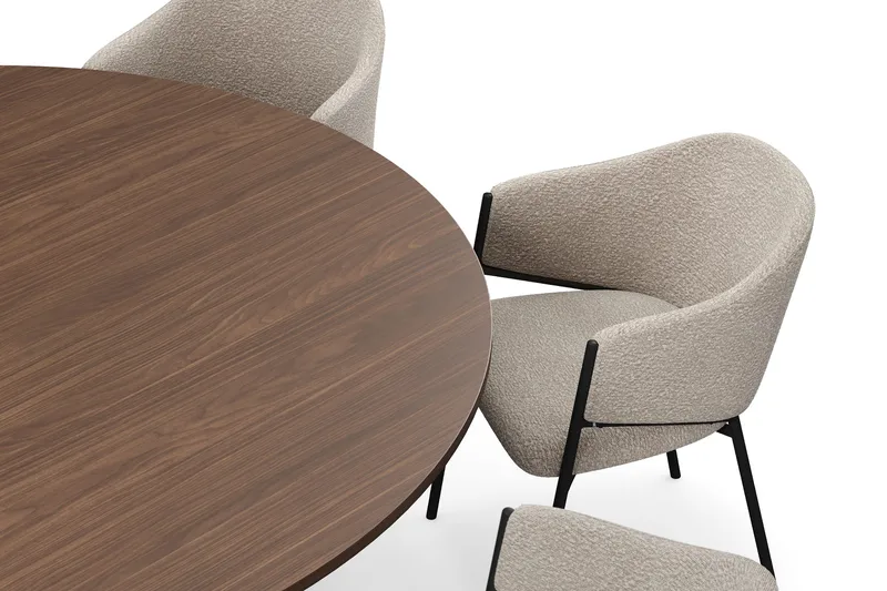 Kopparbo Runt Matbord 180 cm med 8 Filip Matstolar - Valnöt / Taupe Bouclé - Möbler - Bord & matgrupper - Matgrupper