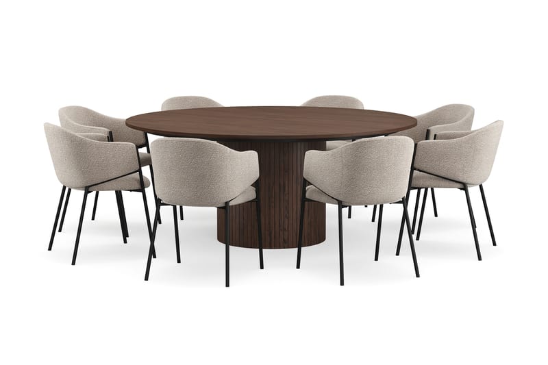 Kopparbo Runt Matbord 180 cm med 8 Filip Matstolar, Valnöt / Taupe Bouclé