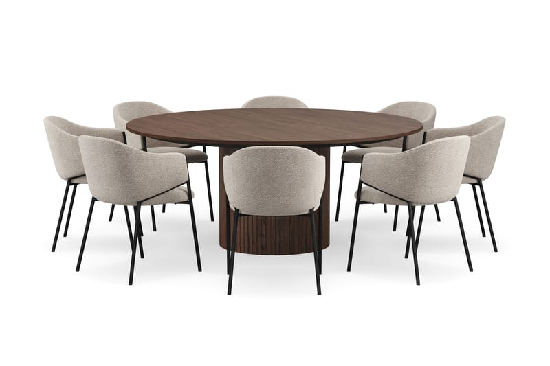 Kopparbo Runt Matbord 180 cm med 8 Filip Matstolar - Valnöt / Taupe Bouclé - Möbler - Bord & matgrupper - Matgrupper