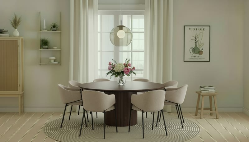 Kopparbo Runt Matbord 180 cm med 8 Filip Matstolar - Valnöt / Taupe Bouclé - Möbler - Bord & matgrupper - Matgrupper