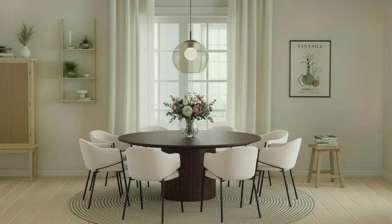 Kopparbo Runt Matbord 180 cm med 8 Filip Matstolar - Valnöt / Vit Bouclé - Möbler - Bord & matgrupper - Matgrupper