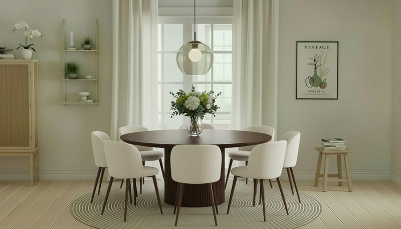 Kopparbo Runt Matbord 180 cm med 8 Greya Matstolar med armstöd - Valnöt / Vit Bouclé / Metallben Valnöt - Möbler - Bord & matgrupper - Matgrupper