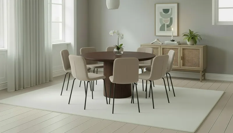 Kopparbo Runt Matbord 180 cm med 8 Katy Matstolar - Valnöt / Greige Bouclé / Metallben Svart - Möbler - Bord & matgrupper - Matgrupper