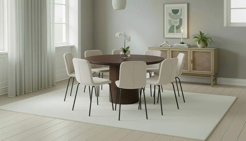 Kopparbo Runt Matbord 180 cm med 8 Katy Matstolar - Valnöt / Vit Bouclé / Metallben Svart - Möbler - Bord & matgrupper - Matgrupper