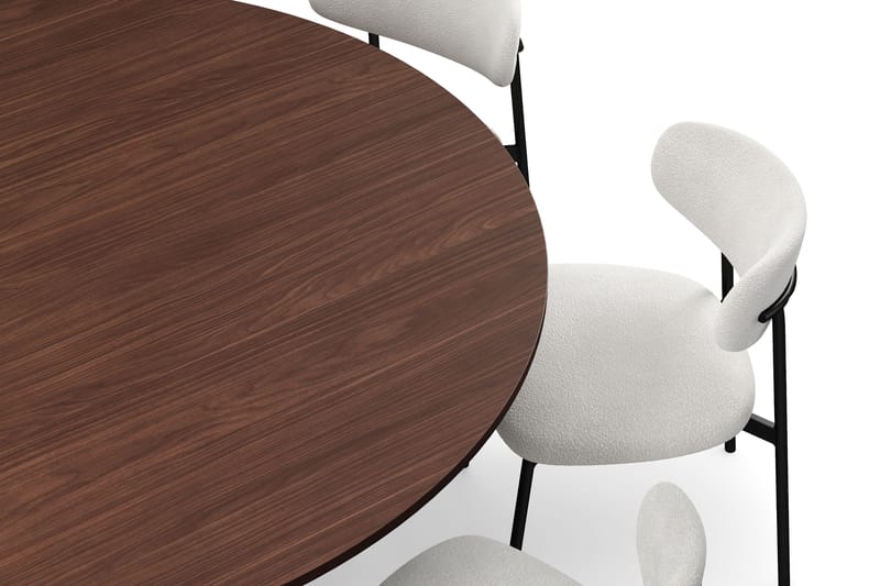 Kopparbo Runt Matbord 180 cm med 8 Lucy Matstolar - Valnöt / Greige Bouclé / Metallben Svart - Möbler - Bord & matgrupper - Matgrupper