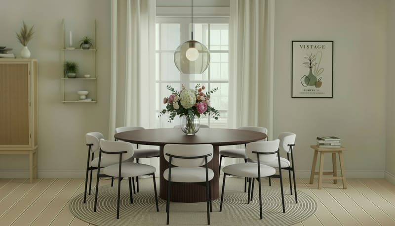 Kopparbo Runt Matbord 180 cm med 8 Lucy Matstolar - Valnöt / Greige Bouclé / Metallben Svart - Möbler - Bord & matgrupper - Matgrupper