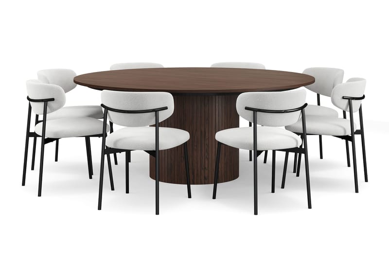 Kopparbo Runt Matbord 180 cm med 8 Lucy Matstolar - Valnöt / Greige Bouclé / Metallben Svart - Möbler - Bord & matgrupper - Matgrupper