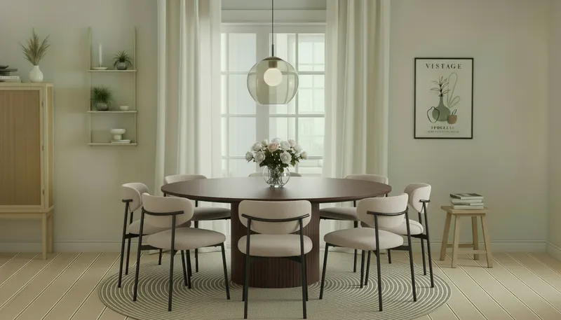 Kopparbo Runt Matbord 180 cm med 8 Lucy Matstolar - Valnöt / Vit Bouclé / Metallben Svart - Möbler - Bord & matgrupper - Matgrupper