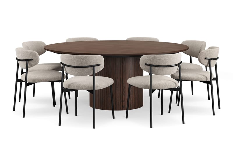 Kopparbo Runt Matbord 180 cm med 8 Lucy Matstolar - Valnöt / Vit Bouclé / Metallben Svart - Möbler - Bord & matgrupper - Matgrupper