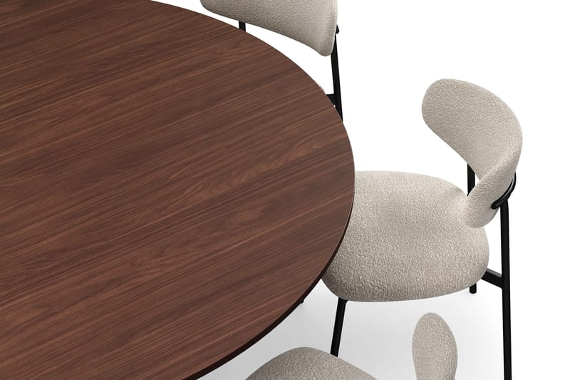 Kopparbo Runt Matbord 180 cm med 8 Lucy Matstolar - Valnöt / Vit Bouclé / Metallben Svart - Möbler - Bord & matgrupper - Matgrupper