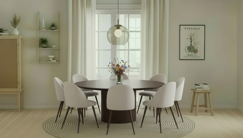 Kopparbo Runt Matbord 180 cm med 8 Nibe Plus Matstolar - Valnöt / Vit Bouclé / Metallben Valnöt - Möbler - Bord & matgrupper - Matgrupper