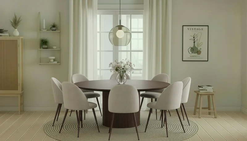 Kopparbo Runt Matbord 180 cm med 8 Nibe Plus Matstolar - Valnöt / Greige Bouclé / Metallben Valnöt - Möbler - Bord & matgrupper - Matgrupper