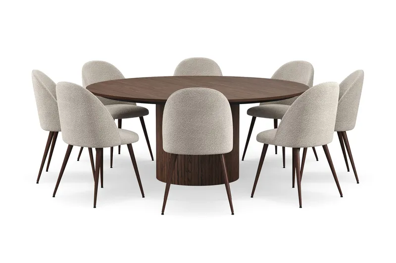 Kopparbo Runt Matbord 180 cm med 8 Nibe Plus Matstolar - Valnöt / Greige Bouclé / Metallben Valnöt - Möbler - Bord & matgrupper - Matgrupper