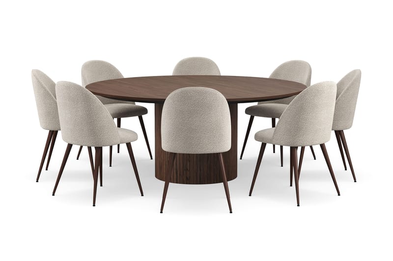 Kopparbo Runt Matbord 180 cm med 8 Nibe Plus Matstolar - Valnöt / Greige Bouclé / Metallben Valnöt - Möbler - Bord & matgrupper - Matgrupper