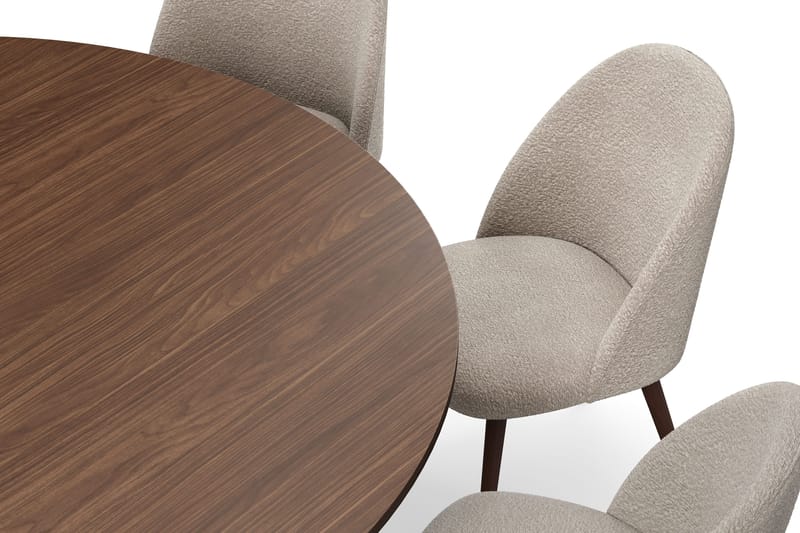 Kopparbo Runt Matbord 180 cm med 8 Nibe Plus Matstolar - Valnöt / Greige Bouclé / Metallben Valnöt - Möbler - Bord & matgrupper - Matgrupper