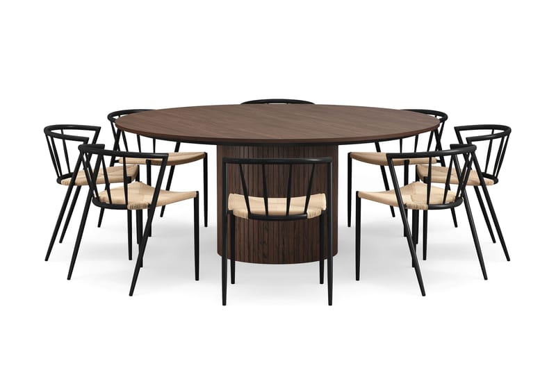 Kopparbo Runt Matbord 180 cm med 8 Winston Matstolar - Valnöt / Beige / Metallben Svart - Möbler - Bord & matgrupper - Matgrupper