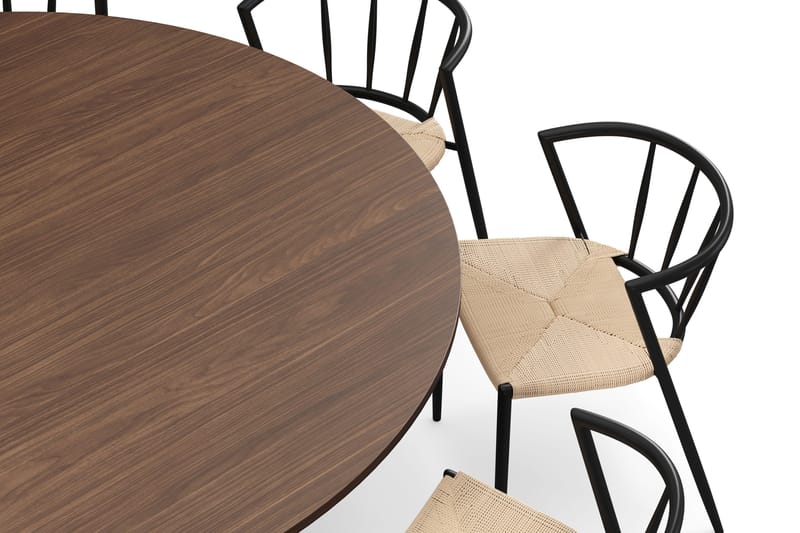 Kopparbo Runt Matbord 180 cm med 8 Winston Matstolar - Valnöt / Beige / Metallben Svart - Möbler - Bord & matgrupper - Matgrupper