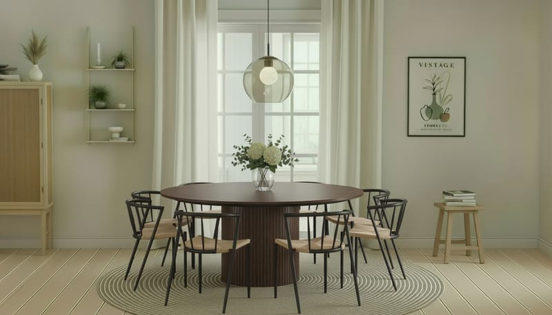 Kopparbo Runt Matbord 180 cm med 8 Winston Matstolar - Valnöt / Beige / Metallben Svart - Möbler - Bord & matgrupper - Matgrupper