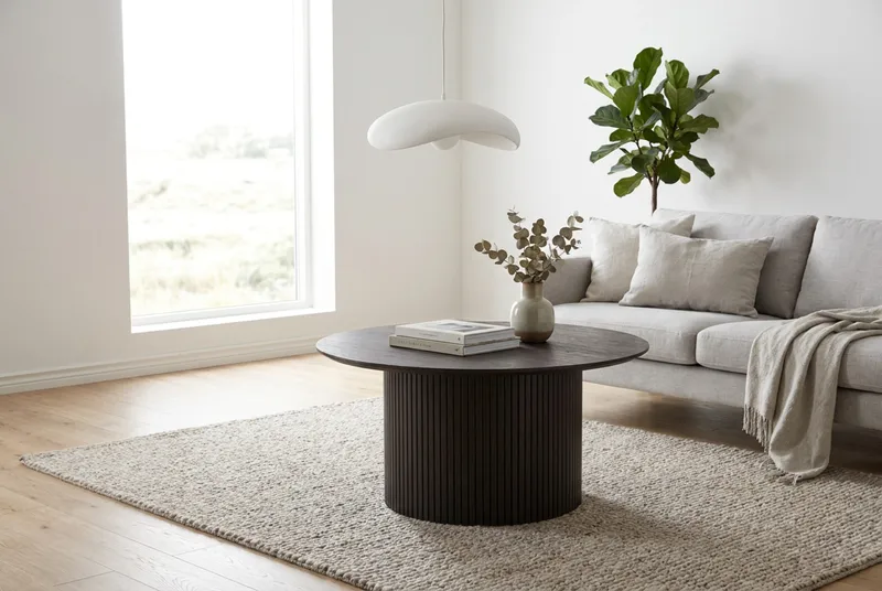 Kopparbo Runt Soffbord 85 cm med Trä- och Rökt Ek-utseende, Ribbad Pelarfot och Tunn Bordsskiva - Mörkbrun - Möbler - Bord & matgrupper - Soffbord