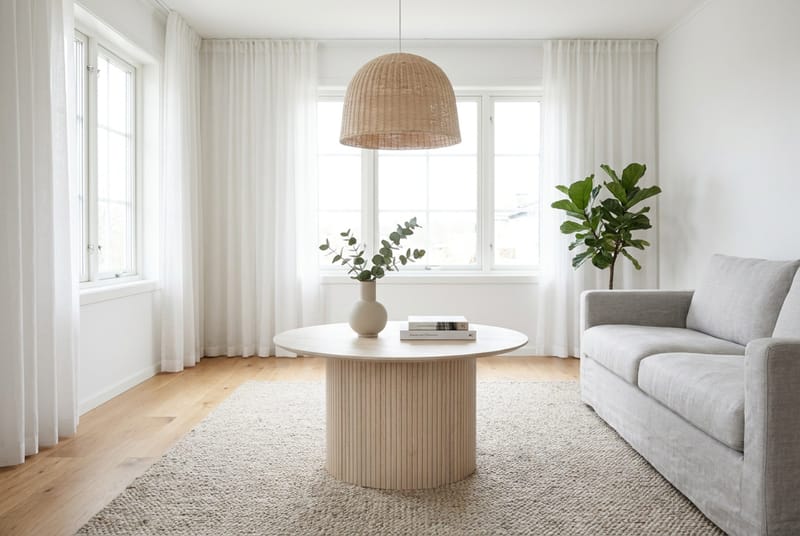 Kopparbo Runt Soffbord 85 cm med Trä- och Vitlaserad Ek-utseende, Ribbad Pelarfot och Tunn Bordsskiva - Vit - Möbler - Bord & matgrupper - Soffbord