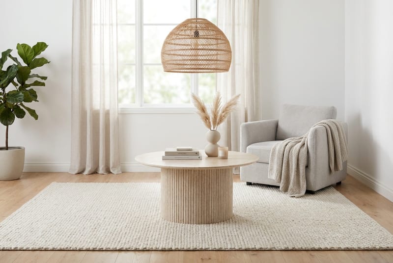 Kopparbo Runt Soffbord 85 cm med Travertinutseende, Ribbad Pelarfot och Tunn Bordsskiva - Beige - Möbler - Bord & matgrupper - Soffbord