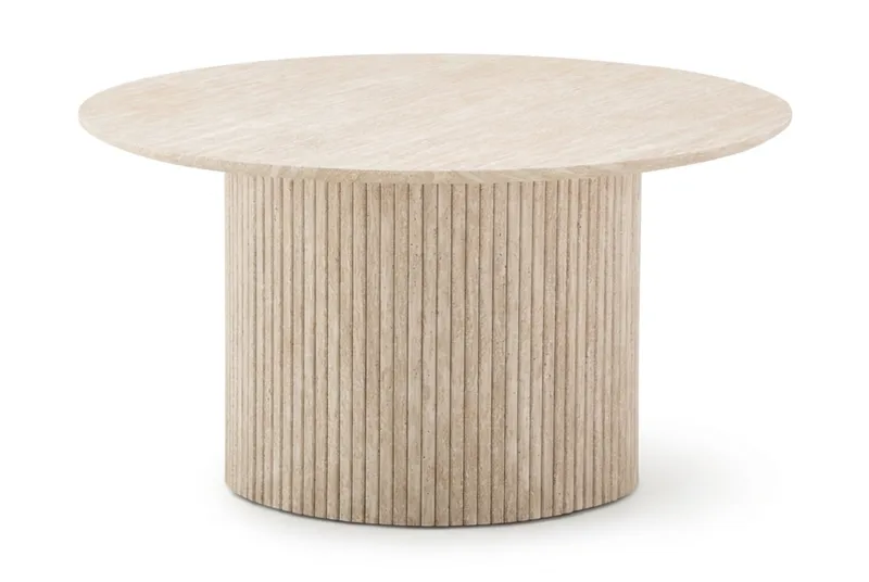 Kopparbo Runt Soffbord 85 cm med Travertinutseende, Ribbad Pelarfot och Tunn Bordsskiva, Beige