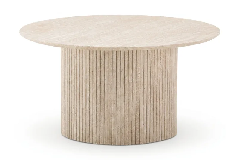 Kopparbo Runt Soffbord 85 cm med Travertinutseende, Ribbad Pelarfot och Tunn Bordsskiva - Beige - Möbler - Bord & matgrupper - Soffbord