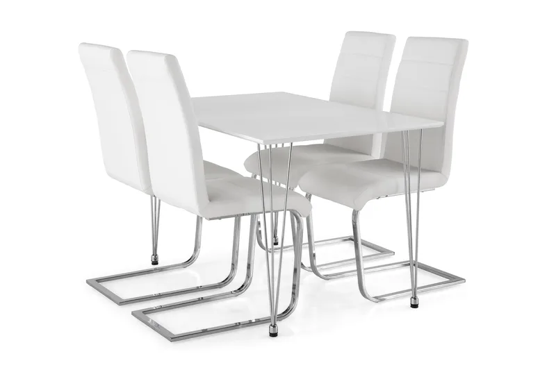 Kronblom Matgrupp 120 cm med 4 Cibus Stol, Vit/Krom/Vit PU
