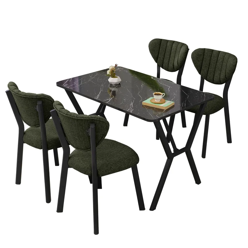 Krylor Matgrupp Bord 110 cm + 4 Stolar, Grön Och Svart