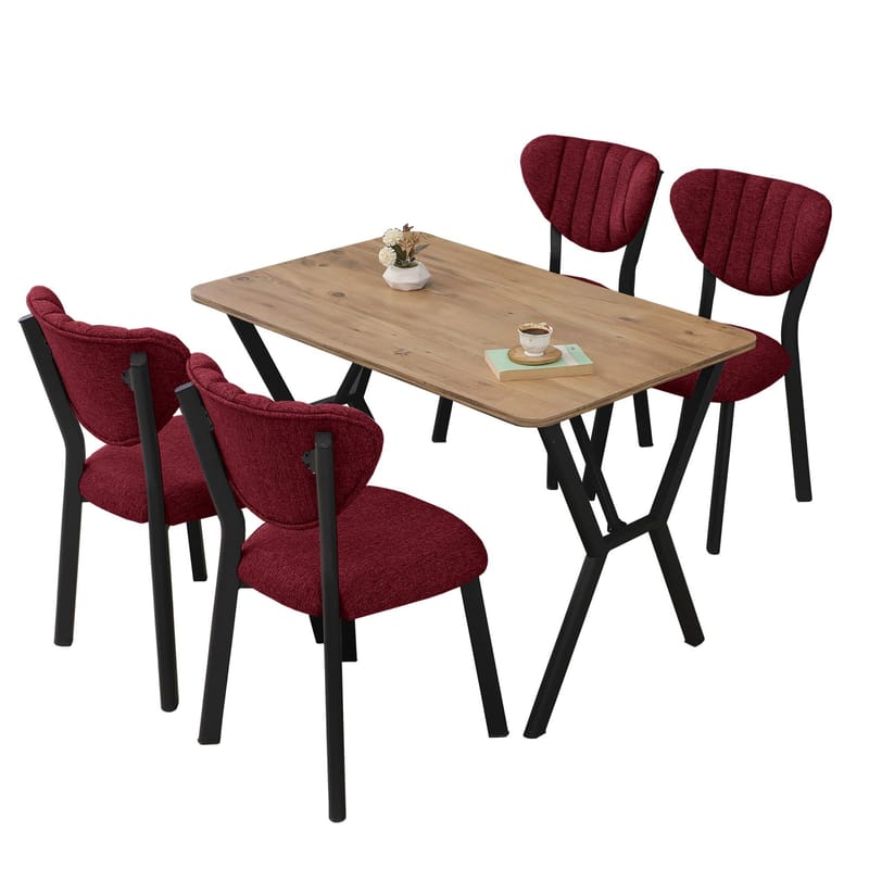 Krylor Matgrupp Bord 110 cm + 4 Stolar, Vinröd Och Valnöt