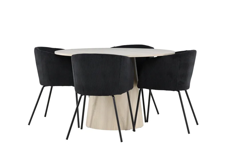 Lanzo Matgrupp 120 cm Rund med 4 Berit stolar, Whitewash/Svart