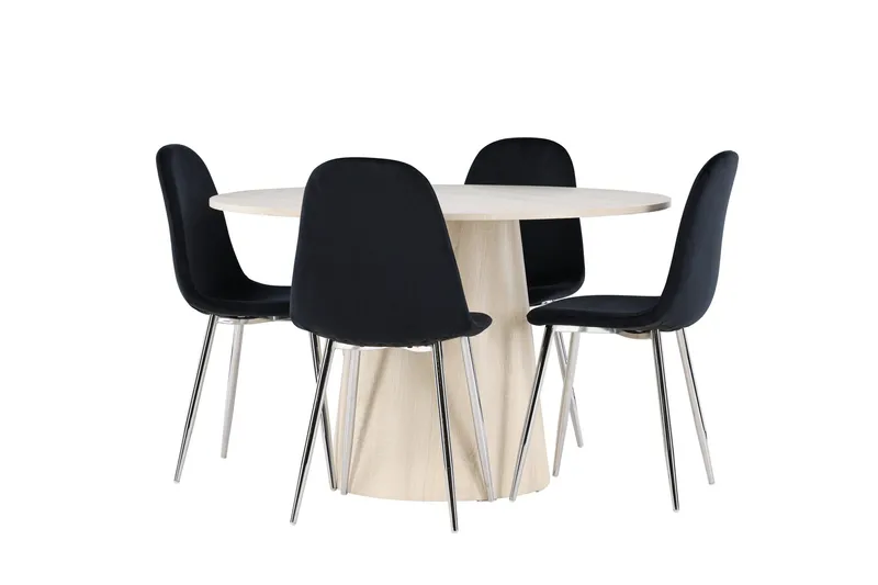 Lanzo Matgrupp 120 cm Rund med 4 Polar stolar, Whitewash/Svart