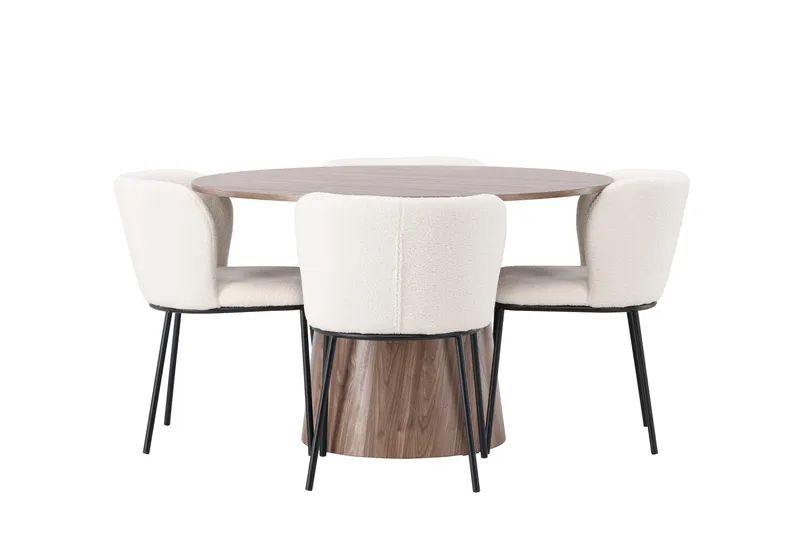 Lanzo Rund Matgrupp i Trä 120 cm med 4 Edina Stolar - Natur / Beige / Vit - Möbler - Bord & matgrupper - Matgrupper