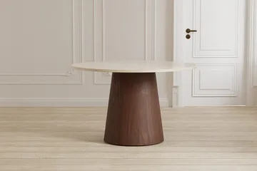 Lanzo Runt Matbord 120 cm i Trä med Valnöts- och Travertinutseende - Beige - Möbler - Bord & matgrupper - Matbord & köksbord