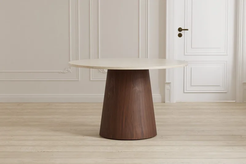 Lanzo Runt Matbord 120 cm i Trä med Valnöts- och Travertinutseende, Beige