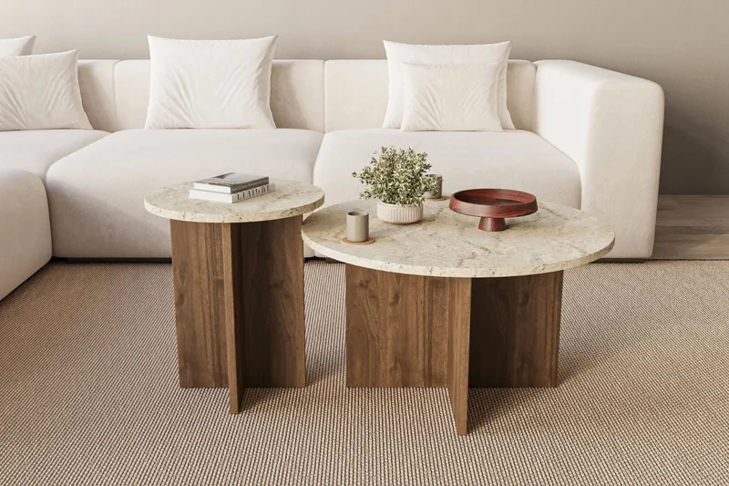Lorricus Soffbord 70 cm Rund - Travertin Och Valnöt - Möbler - Bord & matgrupper - Soffbord