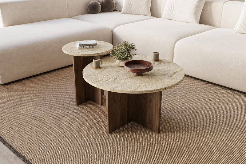 Lorricus Soffbord 70 cm Rund - Travertin Och Valnöt - Möbler - Bord & matgrupper - Soffbord