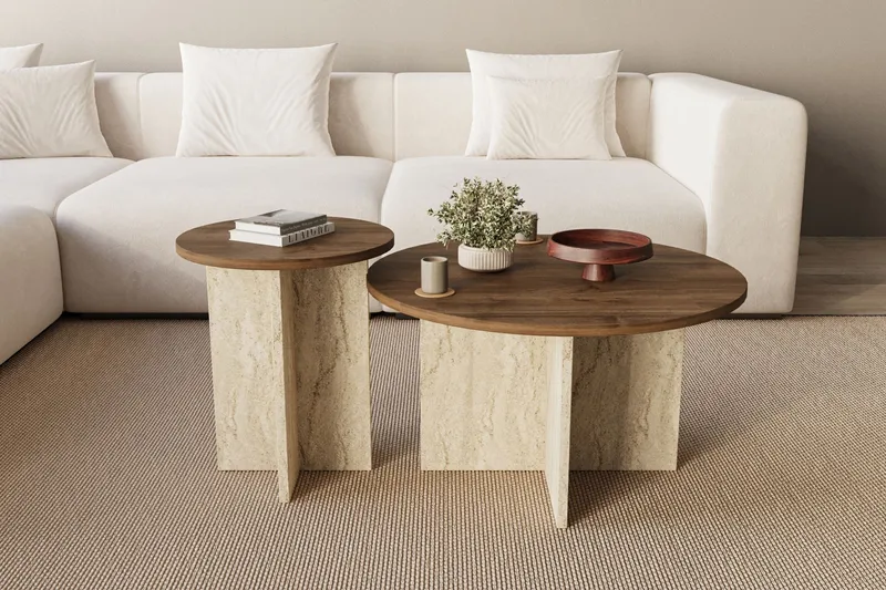 Lorricus Soffbord 70 cm Rund - Valnöt Och Travertin - Möbler - Bord & matgrupper - Soffbord